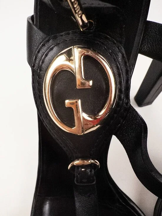 Gucci Double G Black Leather Ankle Strap Sandals Gold Logo Sz 39.5 - Picture 8 of 12